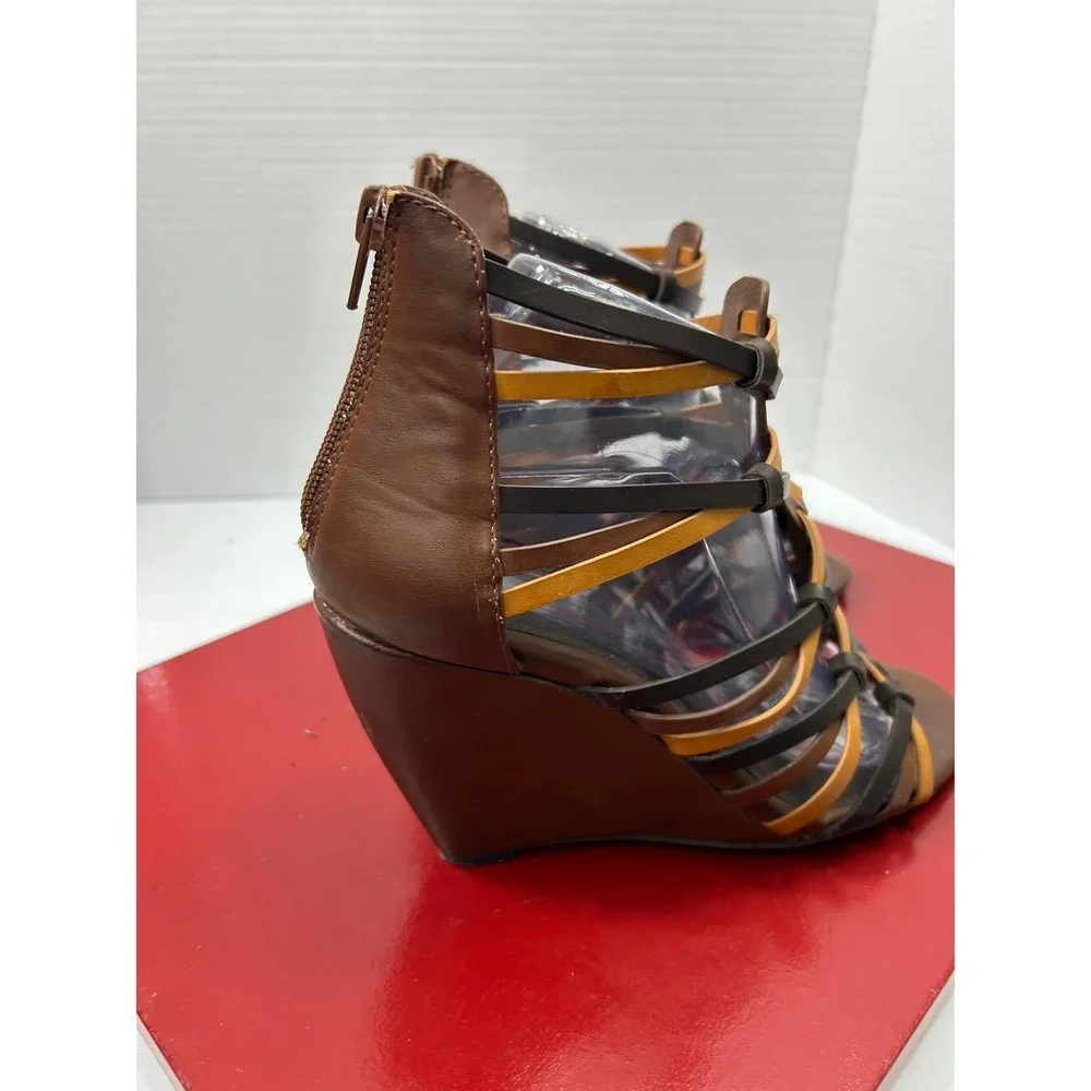 MIA Strappy Gladiator Wedge 8 Brown Multi Cage Zip Back Boho Festival Summer